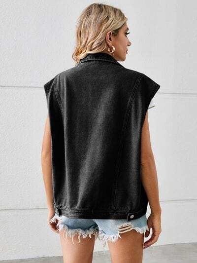 Pocketed Button Up Sleeveless Denim Jacket - Trendsi - Flyclothing LLC