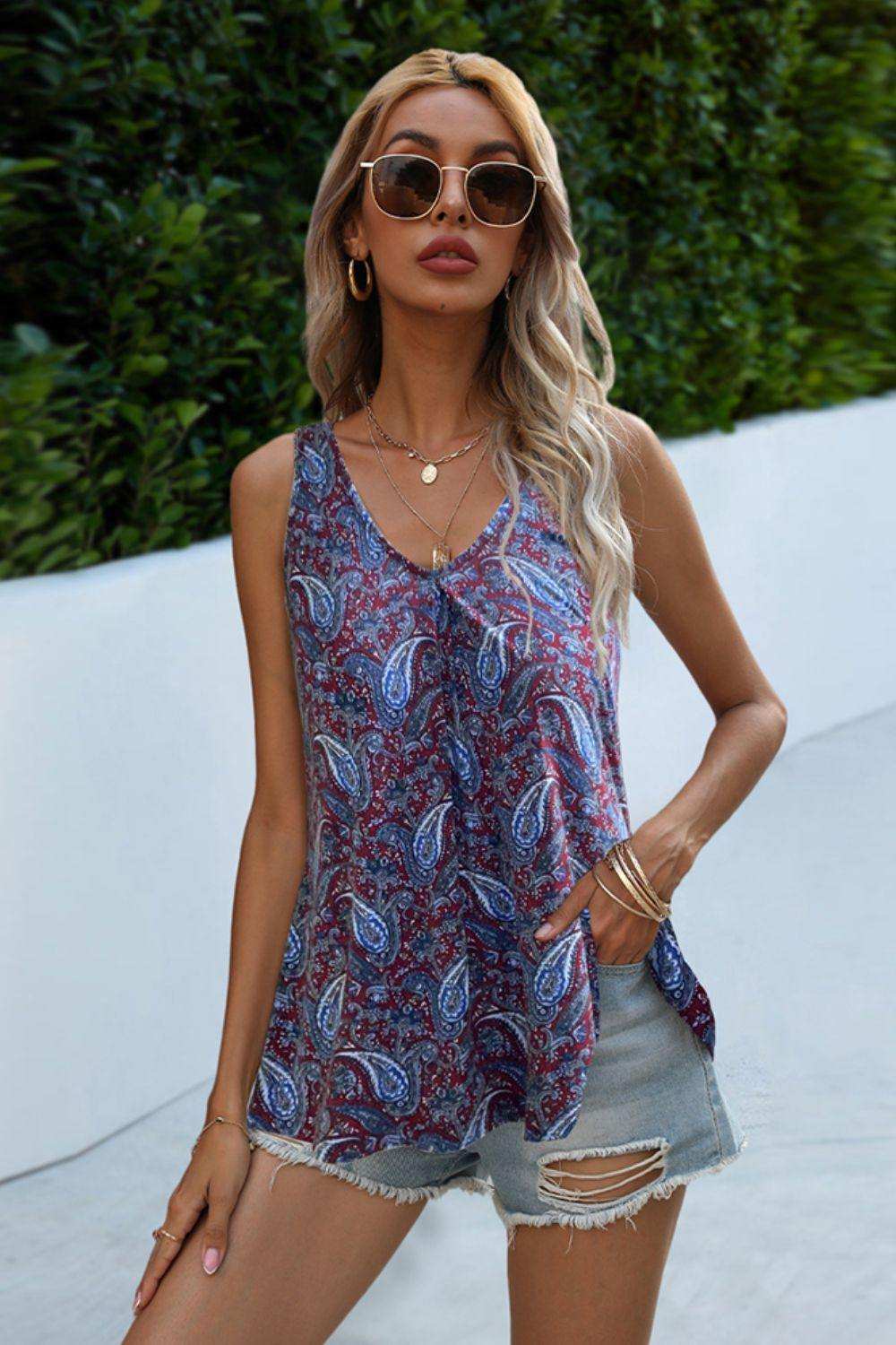 Printed Slit Scoop Neck Tank - Trendsi - Flyclothing LLC