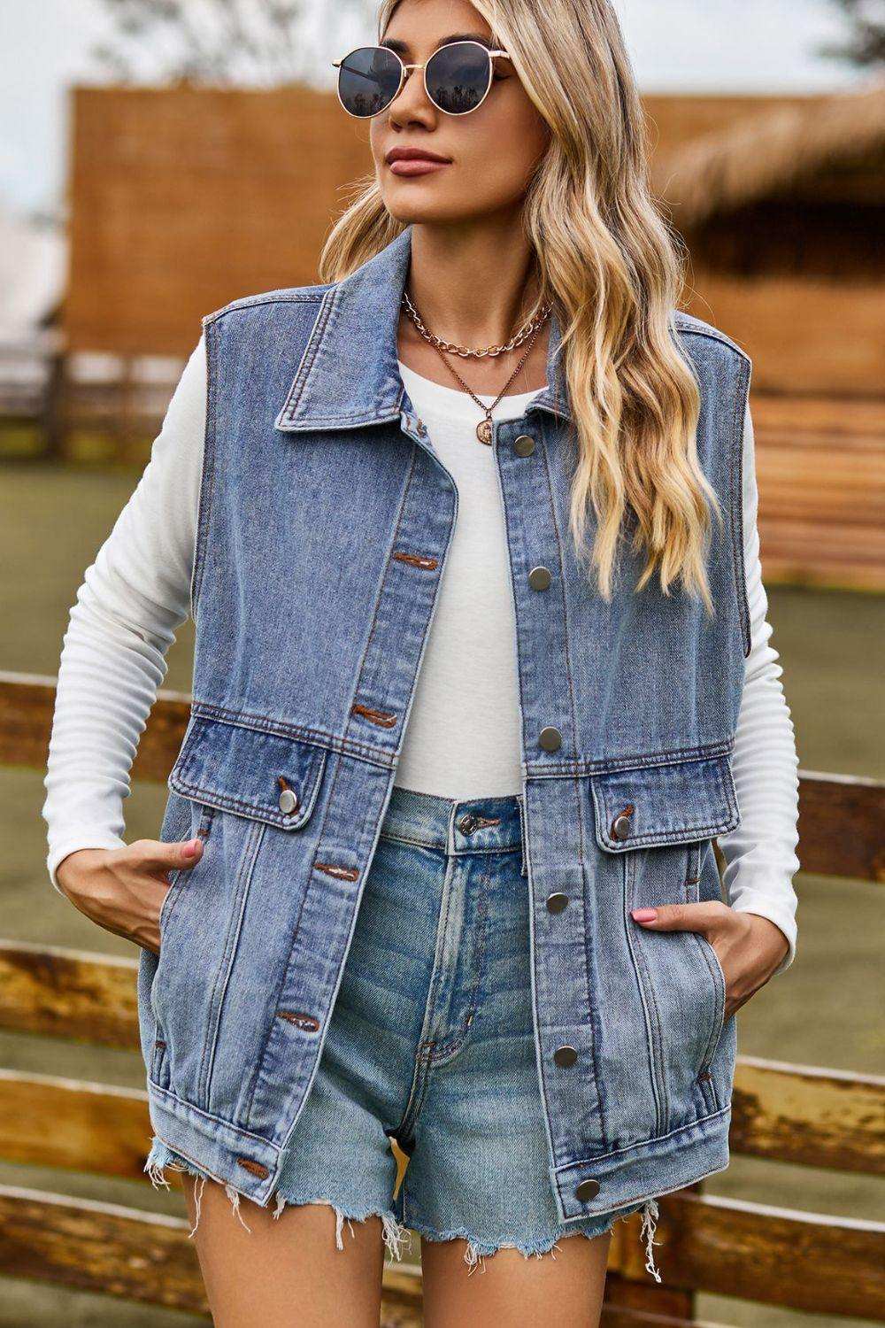 Sleeveless Collared Neck Denim Top with Pockets - Trendsi - Flyclothing LLC