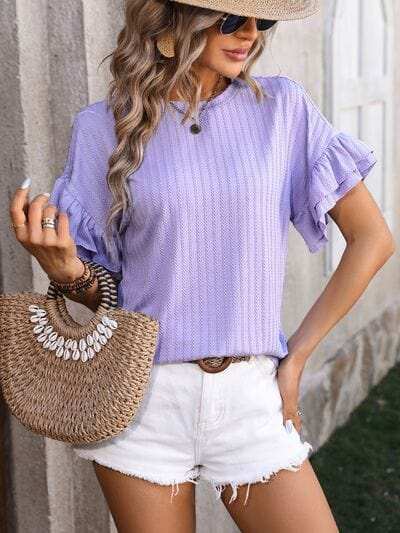 Ruffled Round Neck Short Sleeve Blouse - Trendsi - Flyclothing LLC
