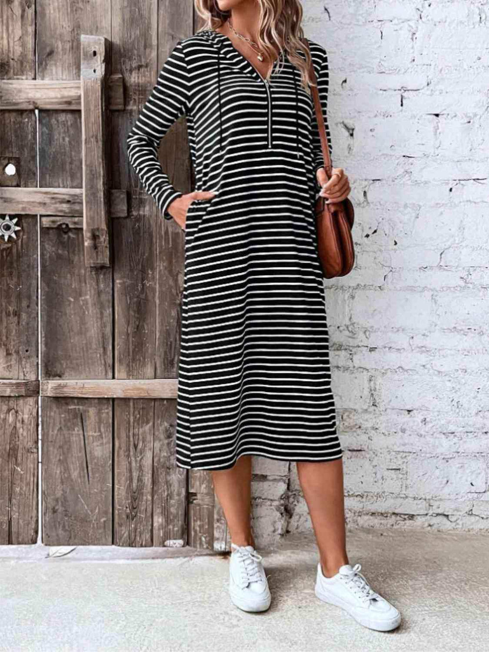 Striped Zip Front Hooded Dress - Trendsi - Flyclothing LLC