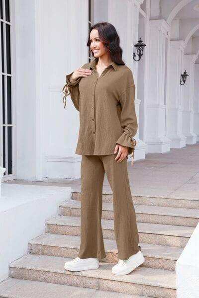 Drawstring Flounce Sleeve Shirt and Pants Set - Trendsi - Flyclothing LLC