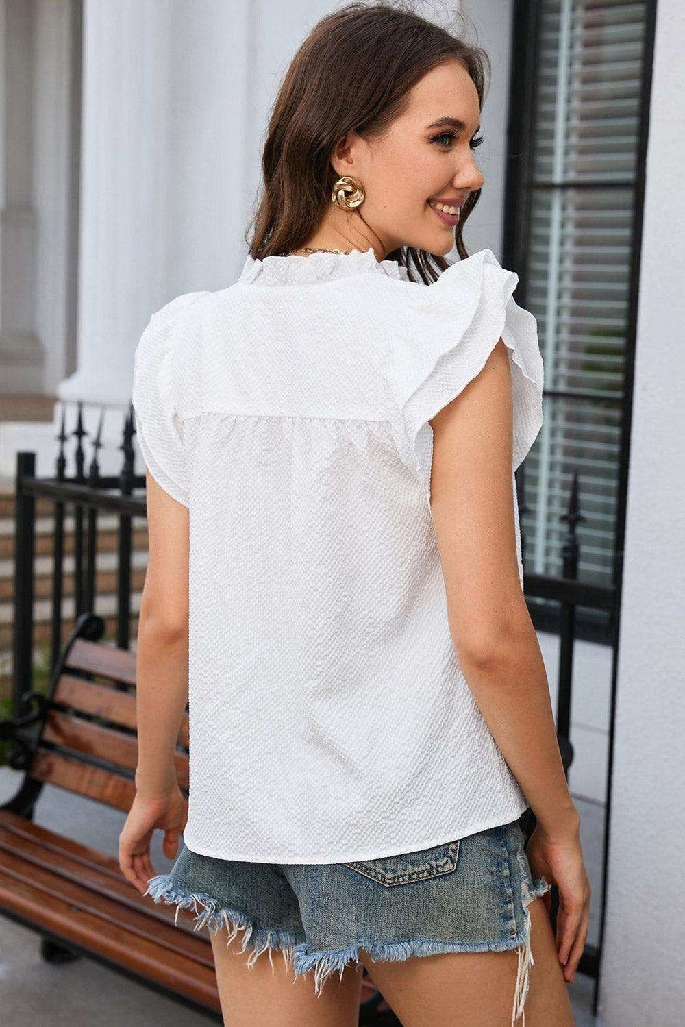 Notched Neck Butterfly Sleeve Blouse - Trendsi - Flyclothing LLC