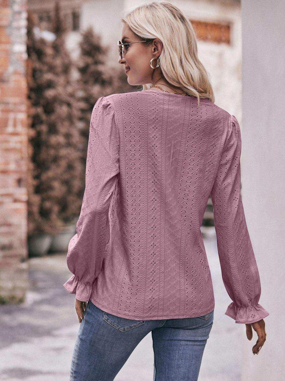 Eyelet V-Neck Flounce Sleeve Blouse - Trendsi - Flyclothing LLC