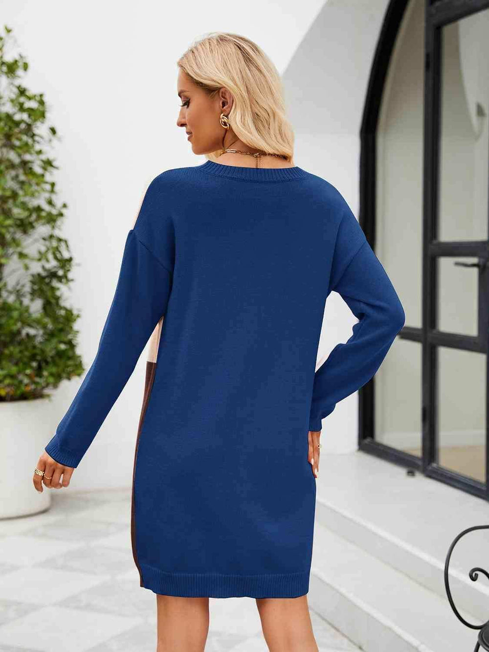 Color Block Dropped Shoulder Sweater Dress - Trendsi - Flyclothing LLC