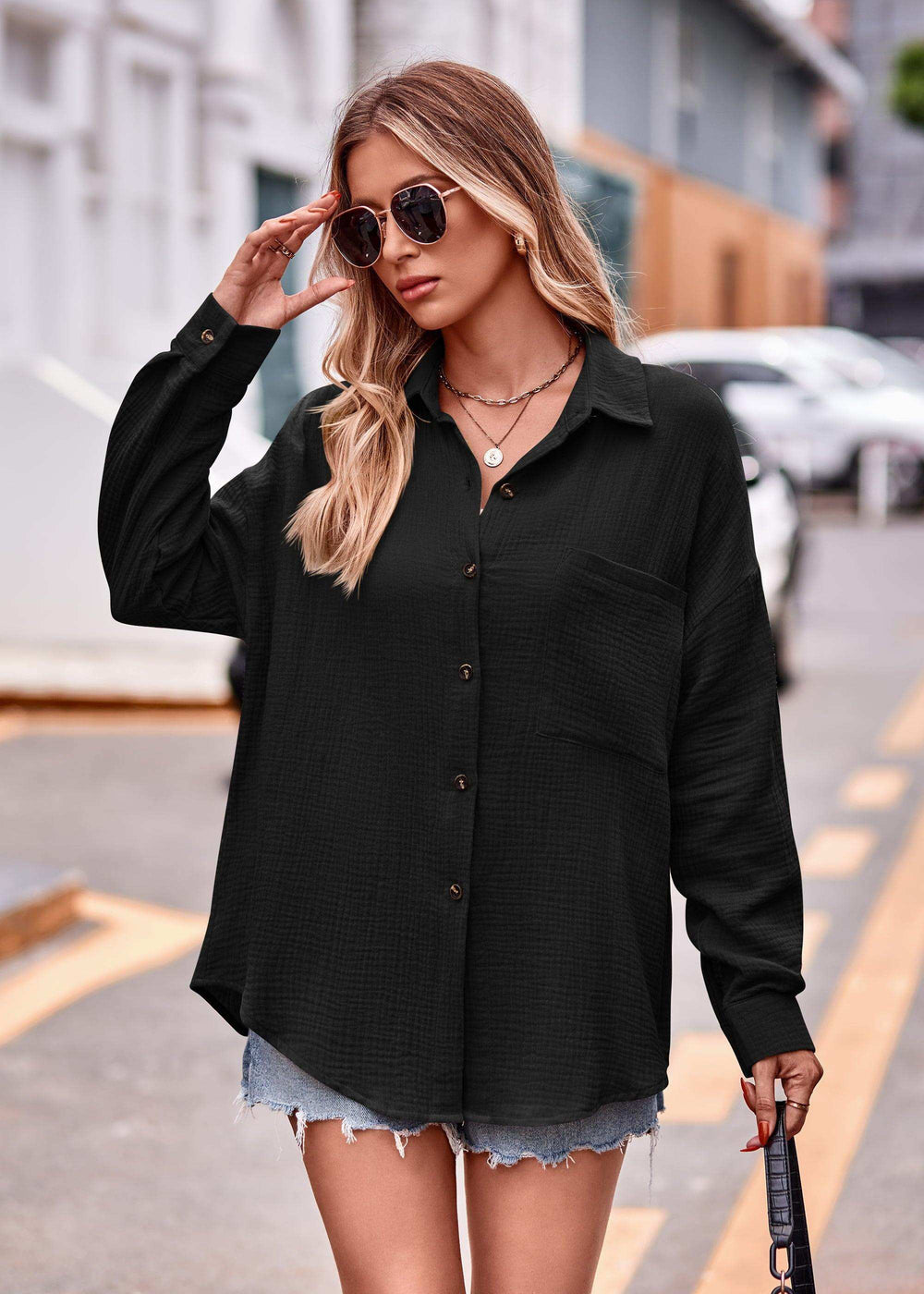 Textured Dropped Shoulder Longline Shirt - Trendsi - Flyclothing LLC