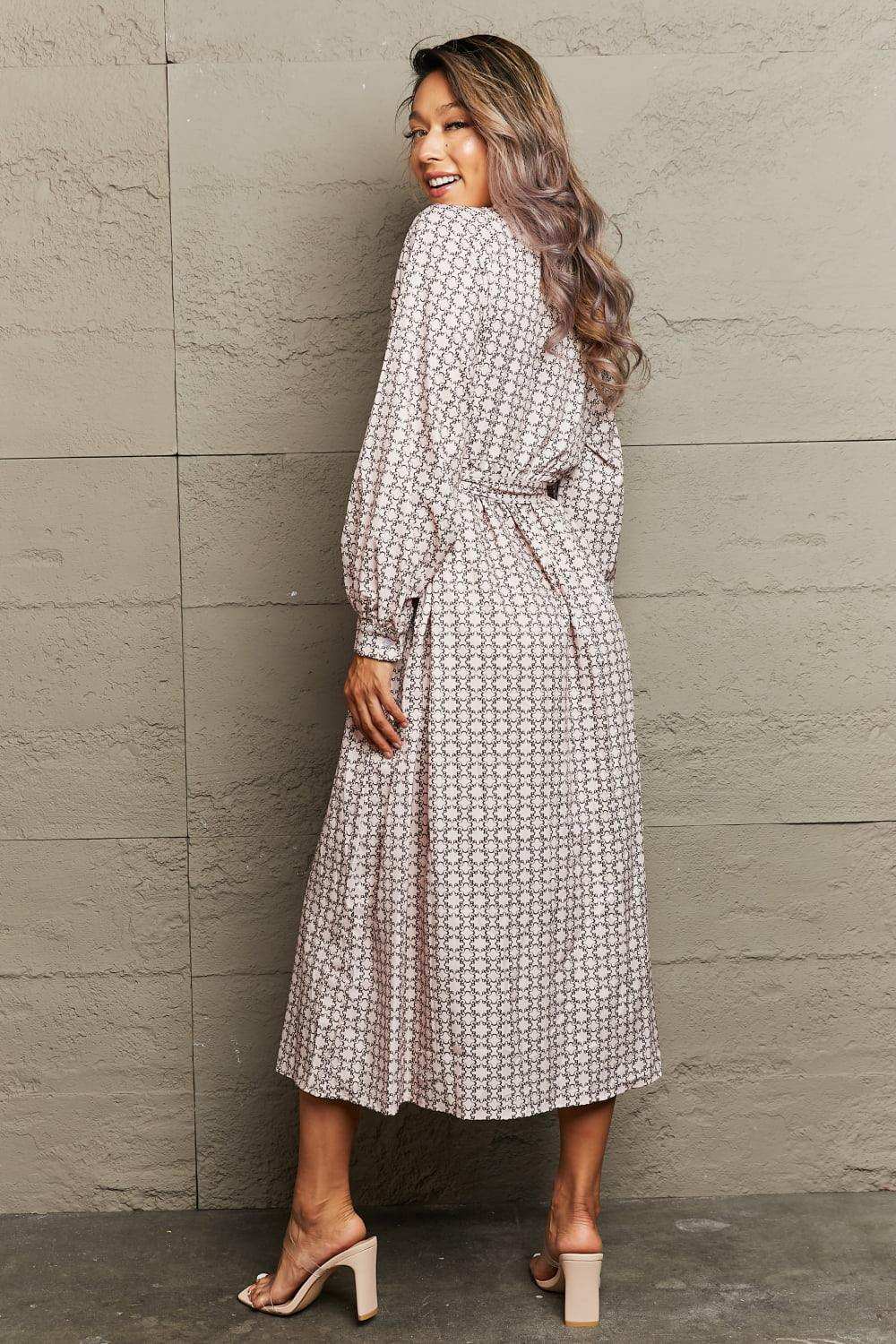 Printed Tie Waist Long Sleeve Dress - Trendsi - Flyclothing LLC