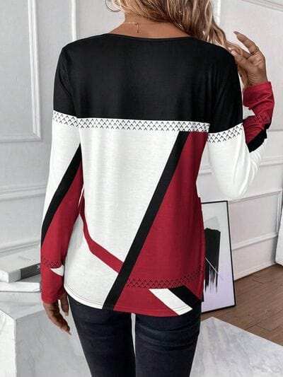 Contrast Round Neck Long Sleeve T-Shirt - Trendsi - Flyclothing LLC