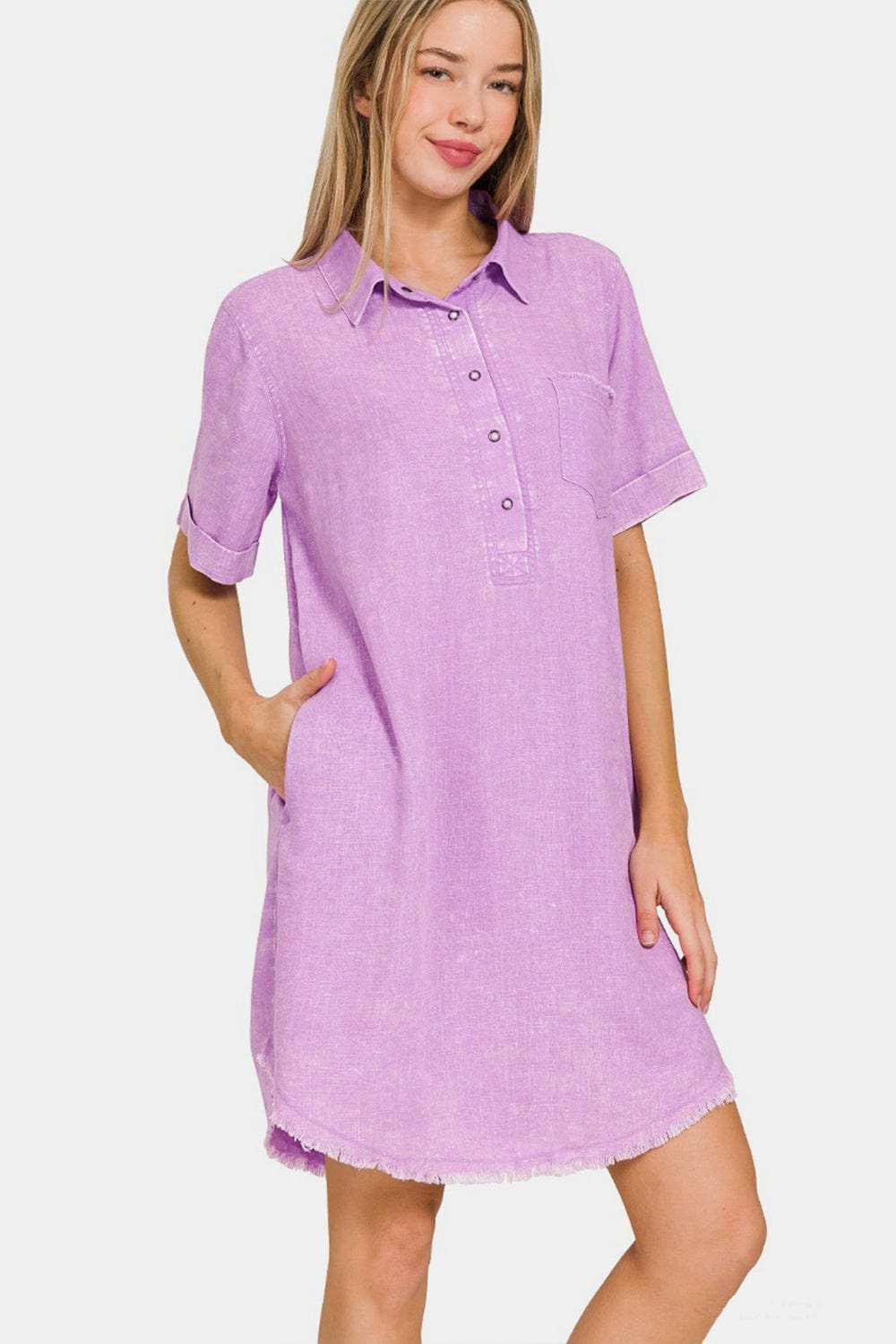 Zenana Washed Linen Raw Hem Dress with Pockets - Trendsi - Flyclothing LLC