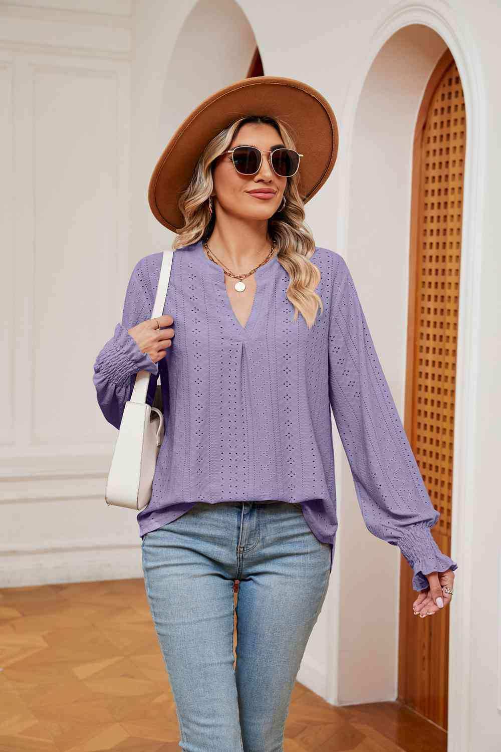 Notched Neck Flounce Sleeve Blouse - Trendsi - Flyclothing LLC
