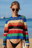 Rainbow Stripe Openwork Long Sleeve Cover-Up - Trendsi - Flyclothing LLC