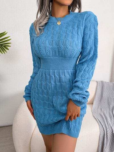 Cable-Knit Round Neck Mini Wrap Sweater Dress - Trendsi - Flyclothing LLC