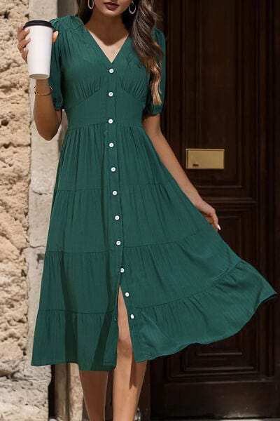 V-Neck Button Up Balloon Sleeve Midi Dress - Trendsi - Flyclothing LLC