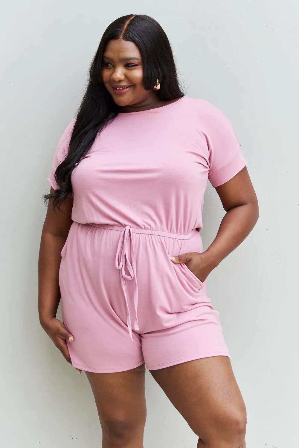 Zenana Chilled Out Full Size Short Sleeve Romper in Light Carnation Pink - Trendsi - Flyclothing LLC