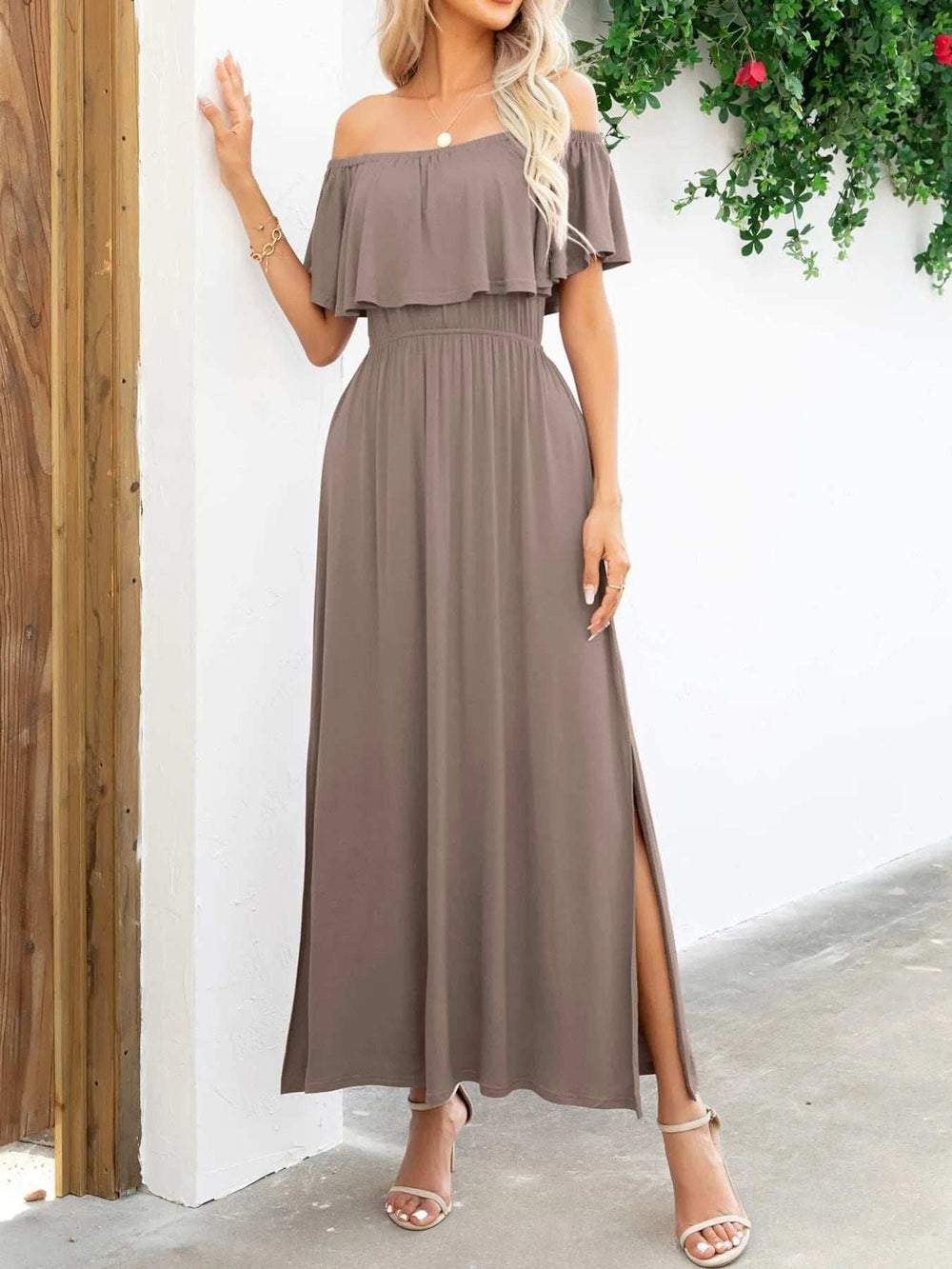Off-Shoulder Slit Maxi Dress - Trendsi - Flyclothing LLC
