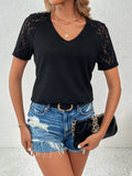 Lace Detail V-Neck Short Sleeve T-Shirt - Trendsi - Flyclothing LLC