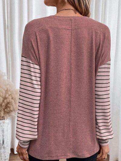 Round Neck Striped Long Sleeve Slit T-Shirt - Trendsi - Flyclothing LLC