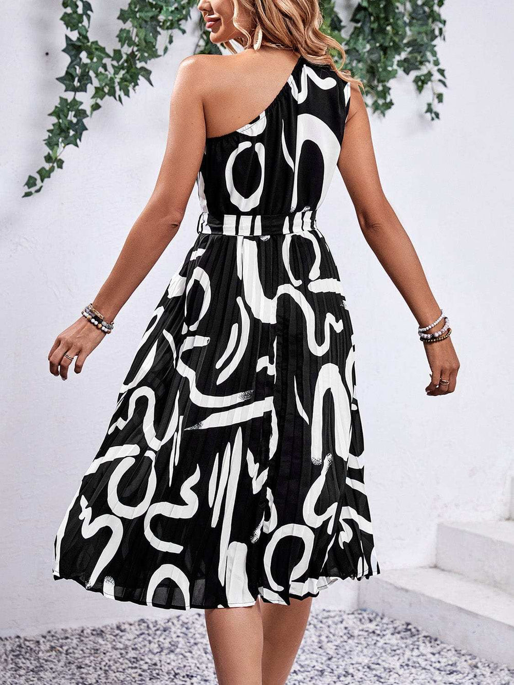 Printed Single Shoulder Tie Waist Dress - Trendsi - Flyclothing LLC