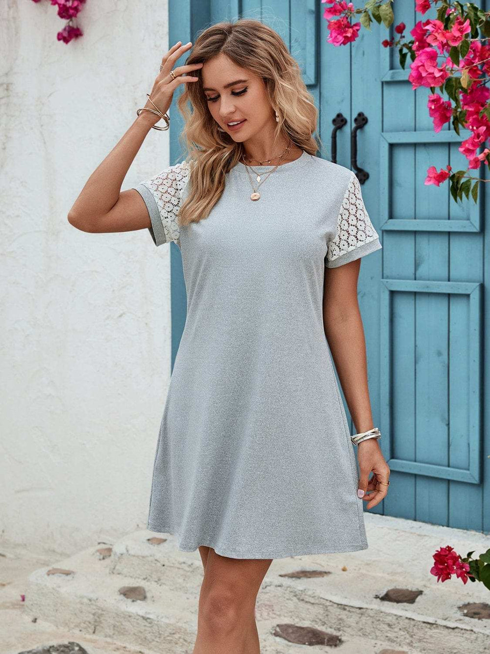 Openwork Round Neck Short Sleeve Dress - Trendsi - Flyclothing LLC