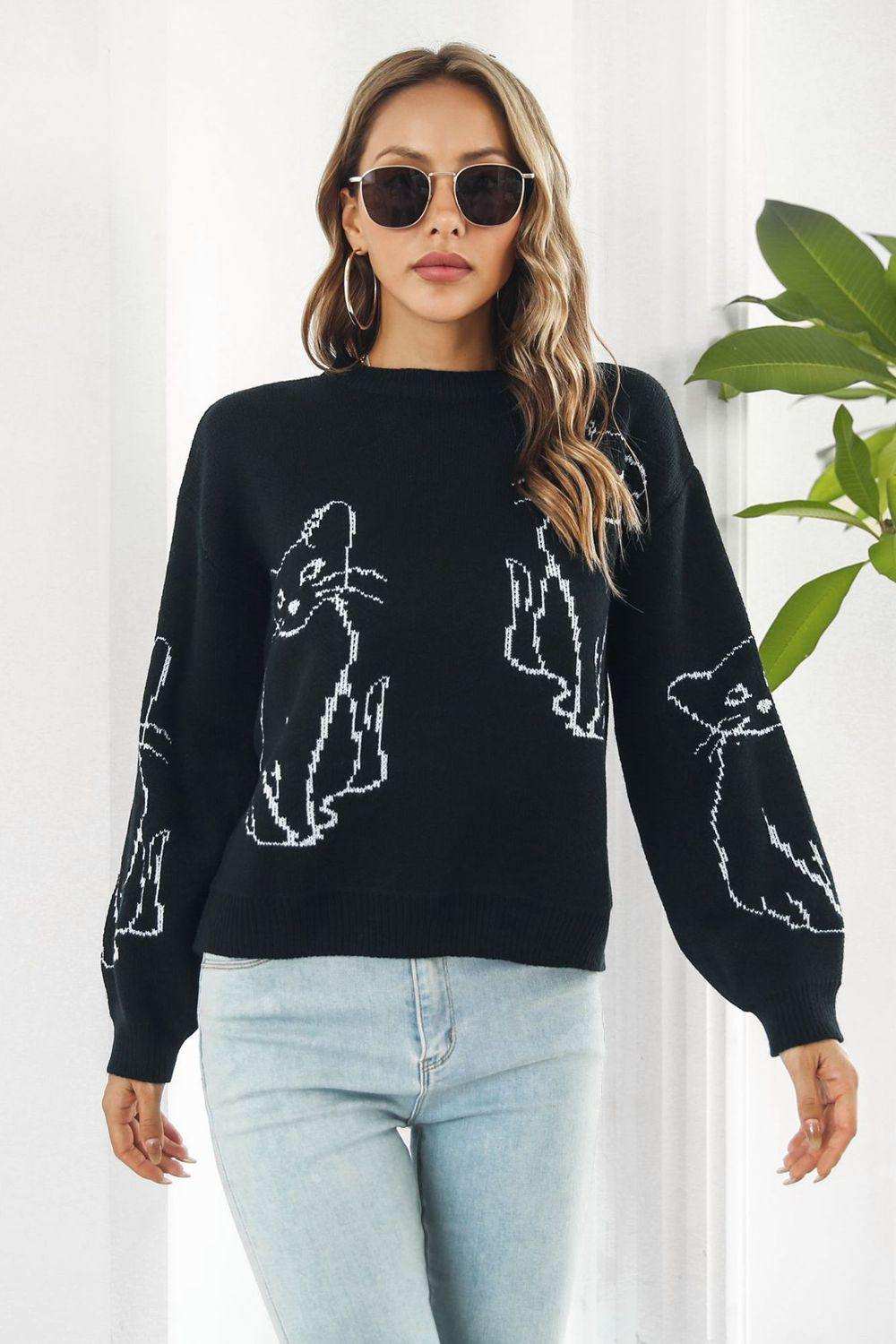 Cat Pattern Round Neck Long Sleeve Pullover Sweater - Trendsi - Flyclothing LLC