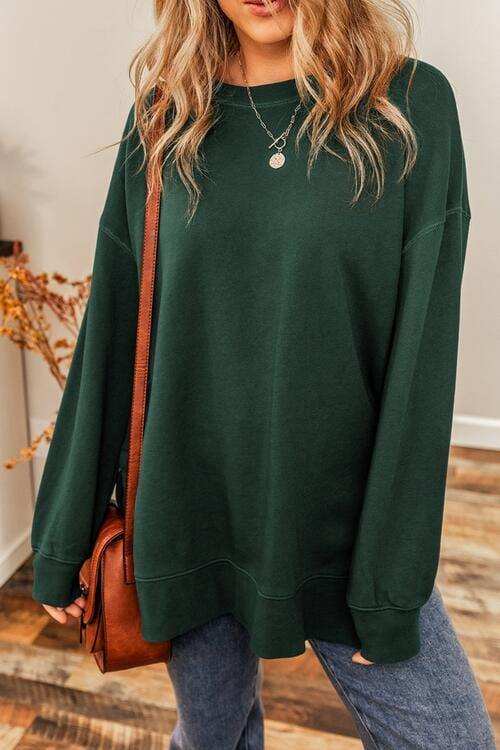 Round Neck Drop Shoulder Slit Sweatshirt - Trendsi - Flyclothing LLC