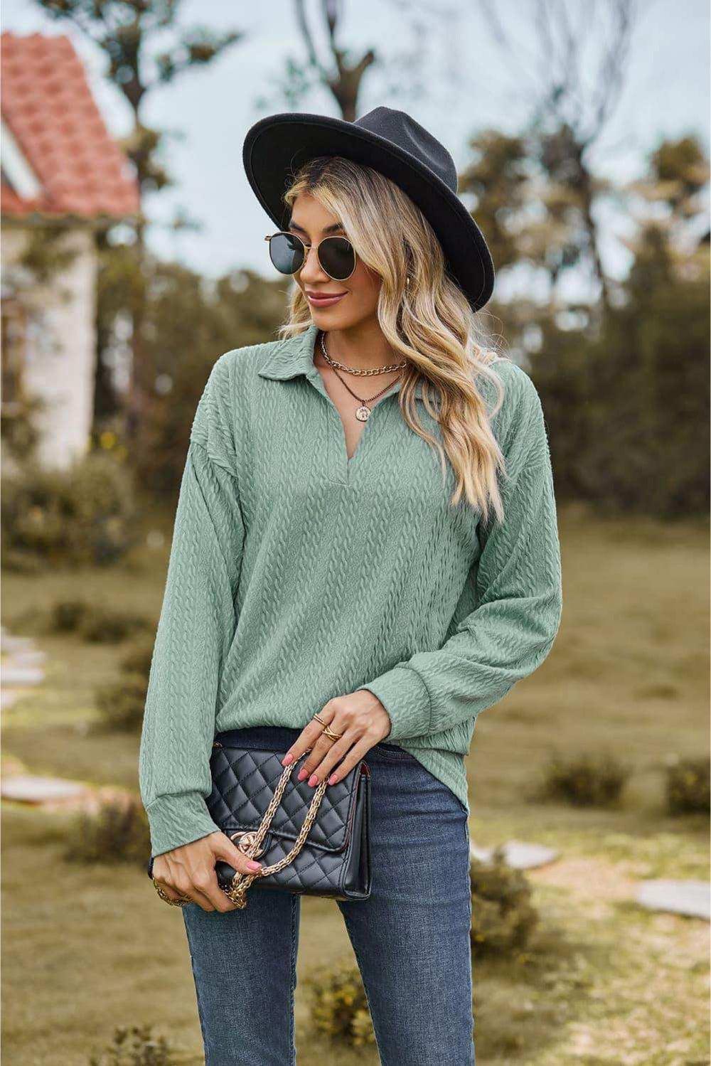Collared Neck Cable-Knit Long Sleeve Blouse - Trendsi - Flyclothing LLC