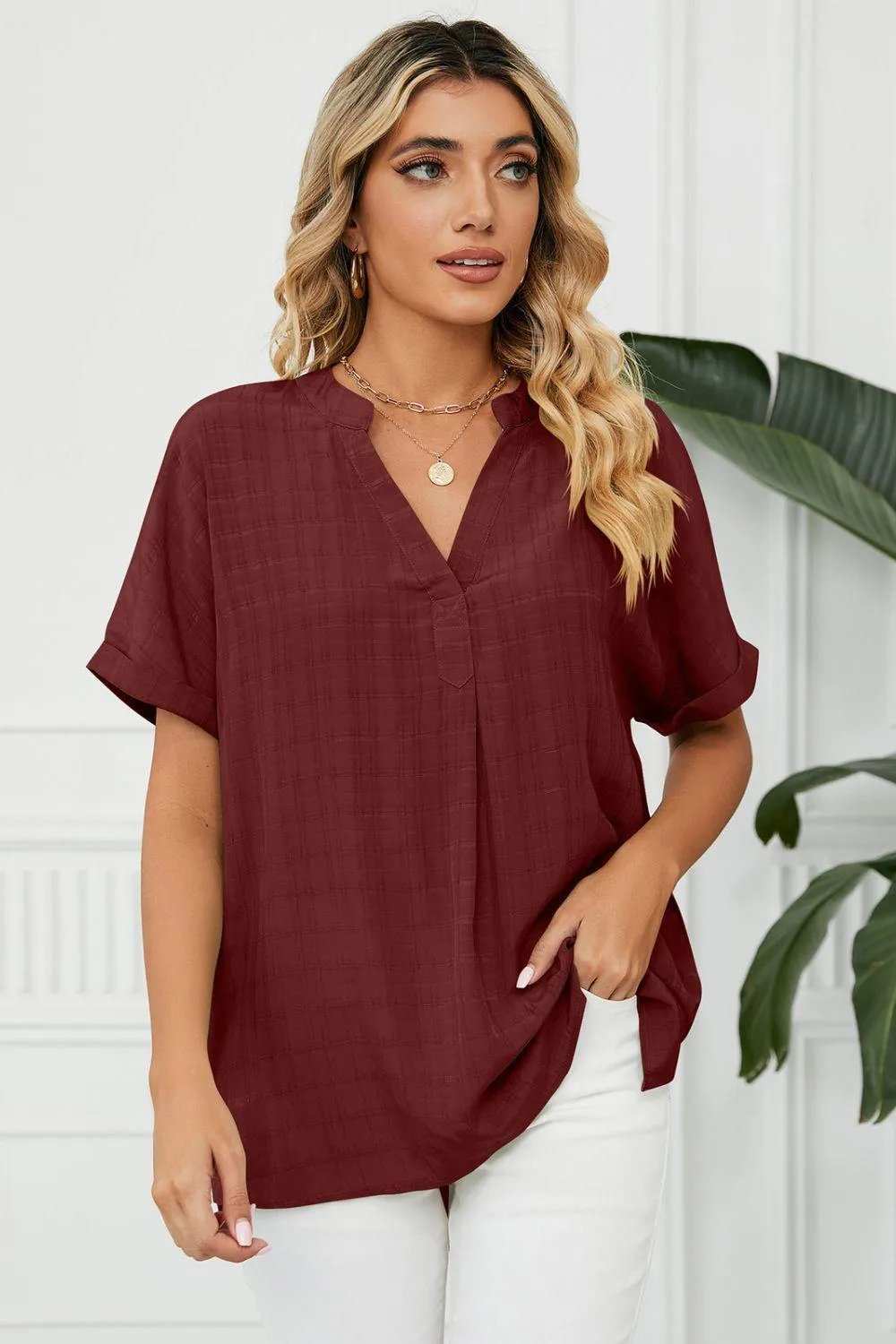 Side Slit Notched Neck Cuffed Short Sleeve Blouse - Trendsi - Flyclothing LLC