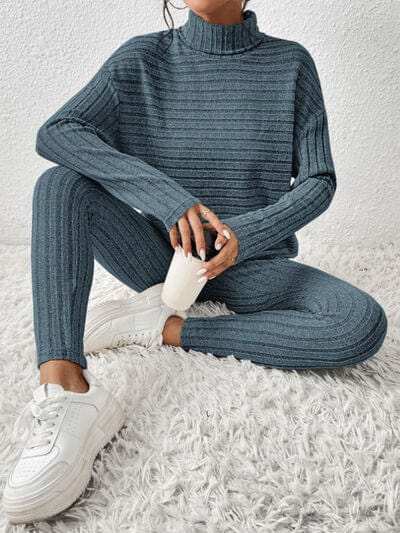Ribbed Turtleneck Top and Pants Set - Trendsi - Flyclothing LLC