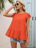 Round Neck Flutter Sleeve Tiered Blouse - Trendsi - Flyclothing LLC