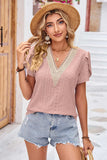 Eyelet V-Neck Petal Sleeve T-Shirt - Trendsi - Flyclothing LLC