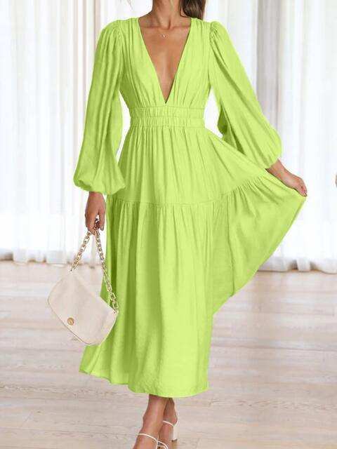 Deep V-Neck Balloon Sleeve Plain Maxi Dress - Trendsi - Flyclothing LLC