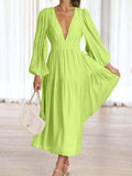 Deep V-Neck Balloon Sleeve Plain Maxi Dress - Trendsi - Flyclothing LLC