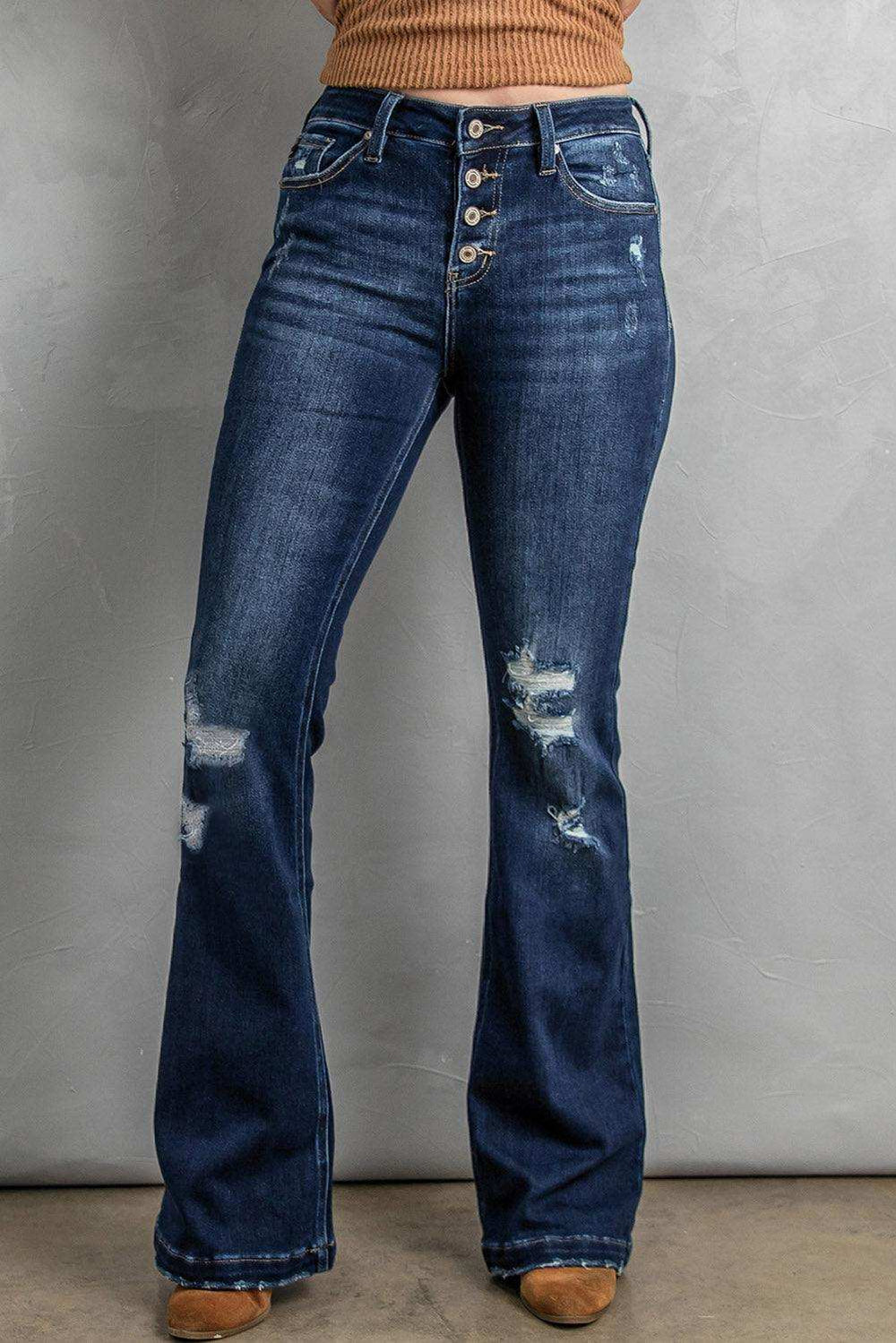 Button Fly Distressed Bootcut Jeans - Trendsi - Flyclothing LLC