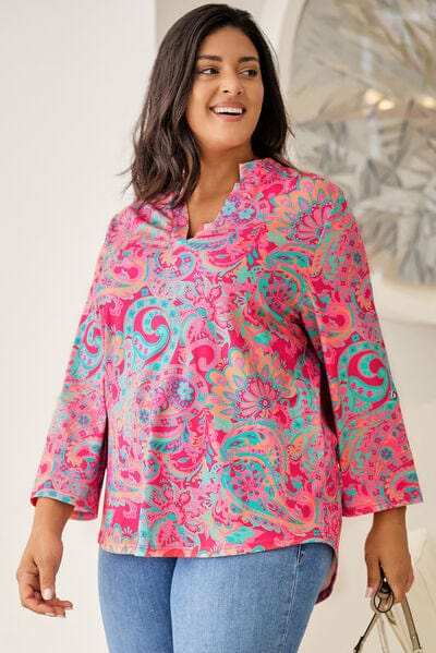 Plus Size Printed Notched Long Sleeve Blouse - Trendsi - Flyclothing LLC