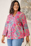 Plus Size Printed Notched Long Sleeve Blouse - Trendsi - Flyclothing LLC