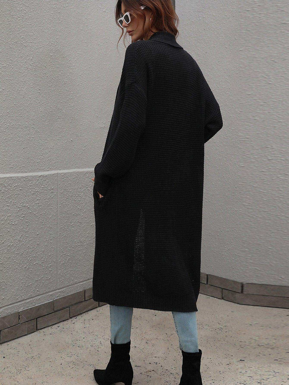 Waffle Knit Open Front Duster Cardigan With Pockets - Trendsi - Flyclothing LLC