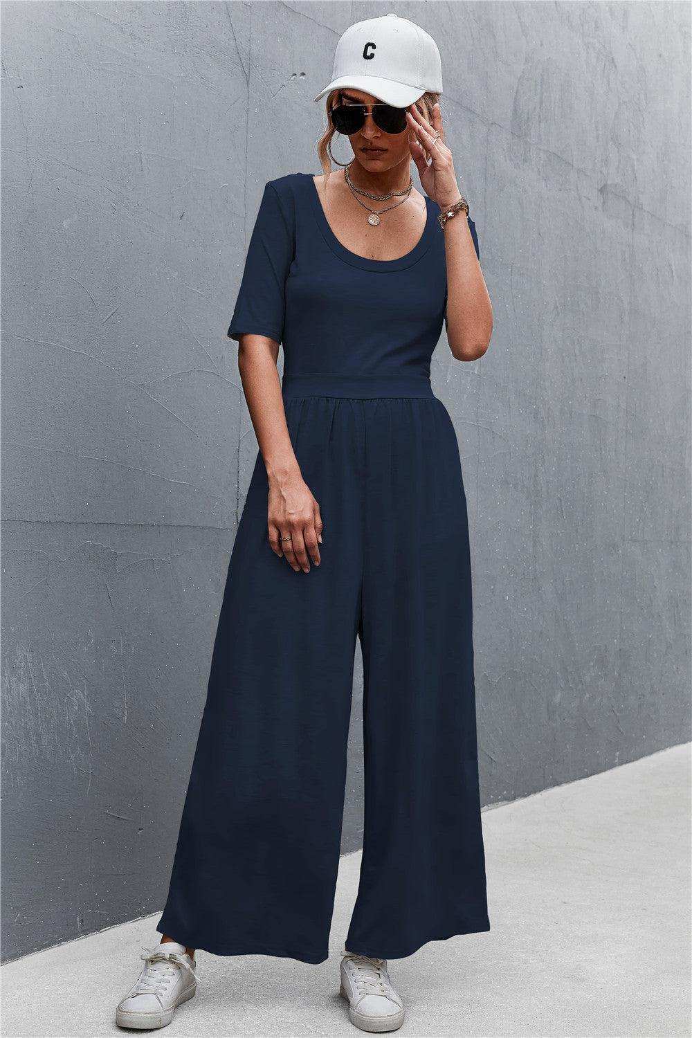 Scoop Neck Half Sleeve Wide Leg Jumpsuit - Trendsi - Flyclothing LLC