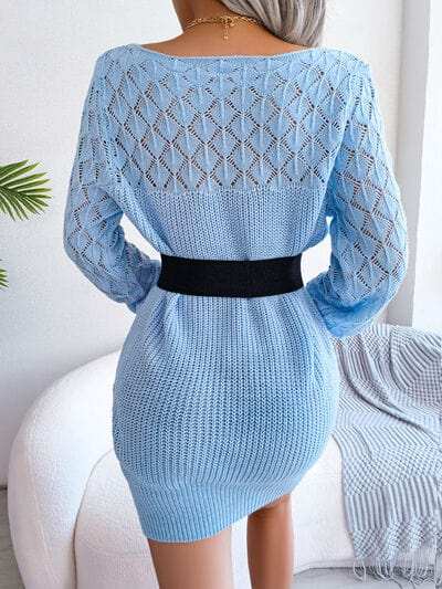 Openwork Boat Neck Sweater Dress - Trendsi - Flyclothing LLC