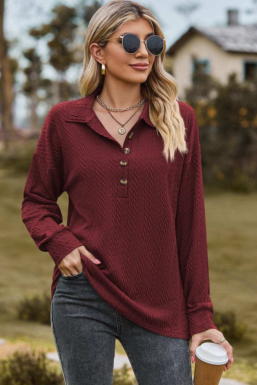 Half Button Dropped Shoulder Blouse - Trendsi - Flyclothing LLC