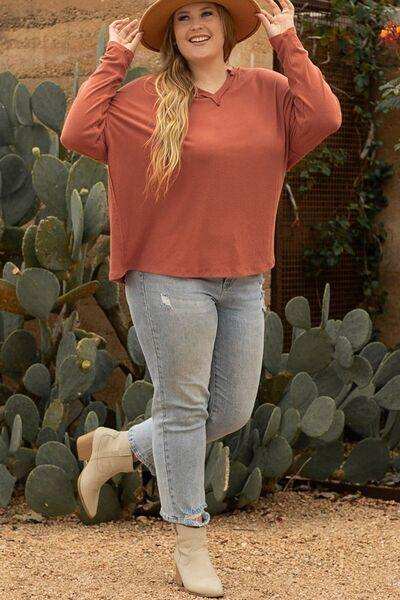 Plus Size Notched Long Sleeve T-Shirt - Trendsi - Flyclothing LLC