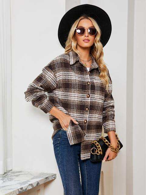 Plaid Collared Shirt Jacket - Trendsi - Flyclothing LLC