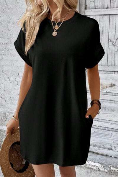 Pocketed Round Neck Short Sleeve Dress - Trendsi - Flyclothing LLC