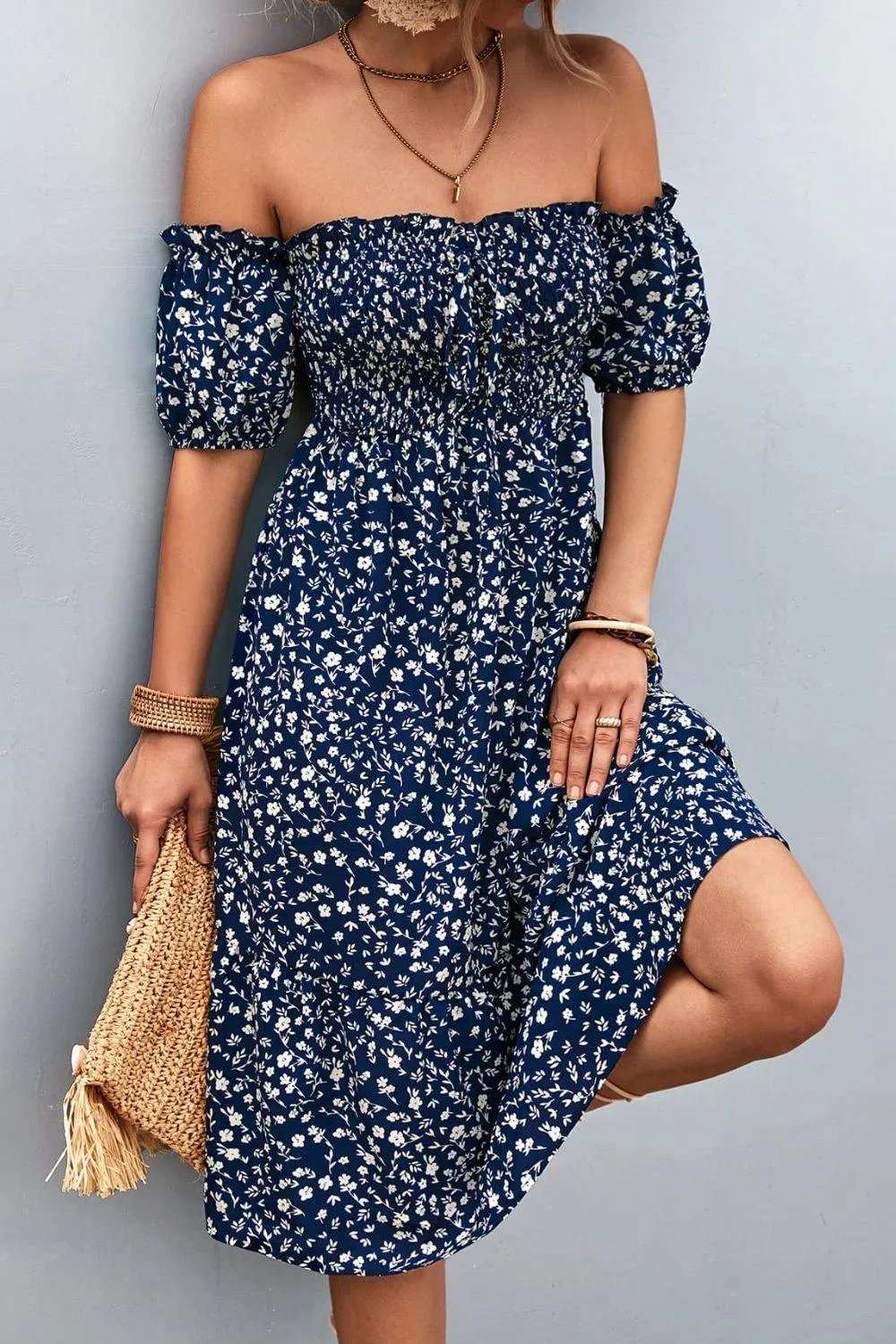 Ditsy Floral Smocked Frill Trim Off-Shoulder Dress - Trendsi - Flyclothing LLC