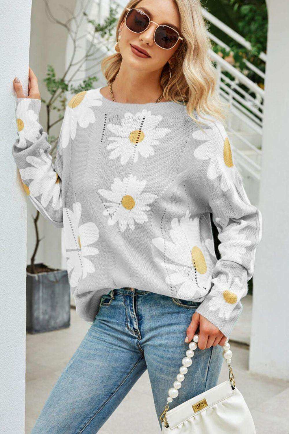 Daisy Print Openwork Round Neck Sweater - Trendsi - Flyclothing LLC