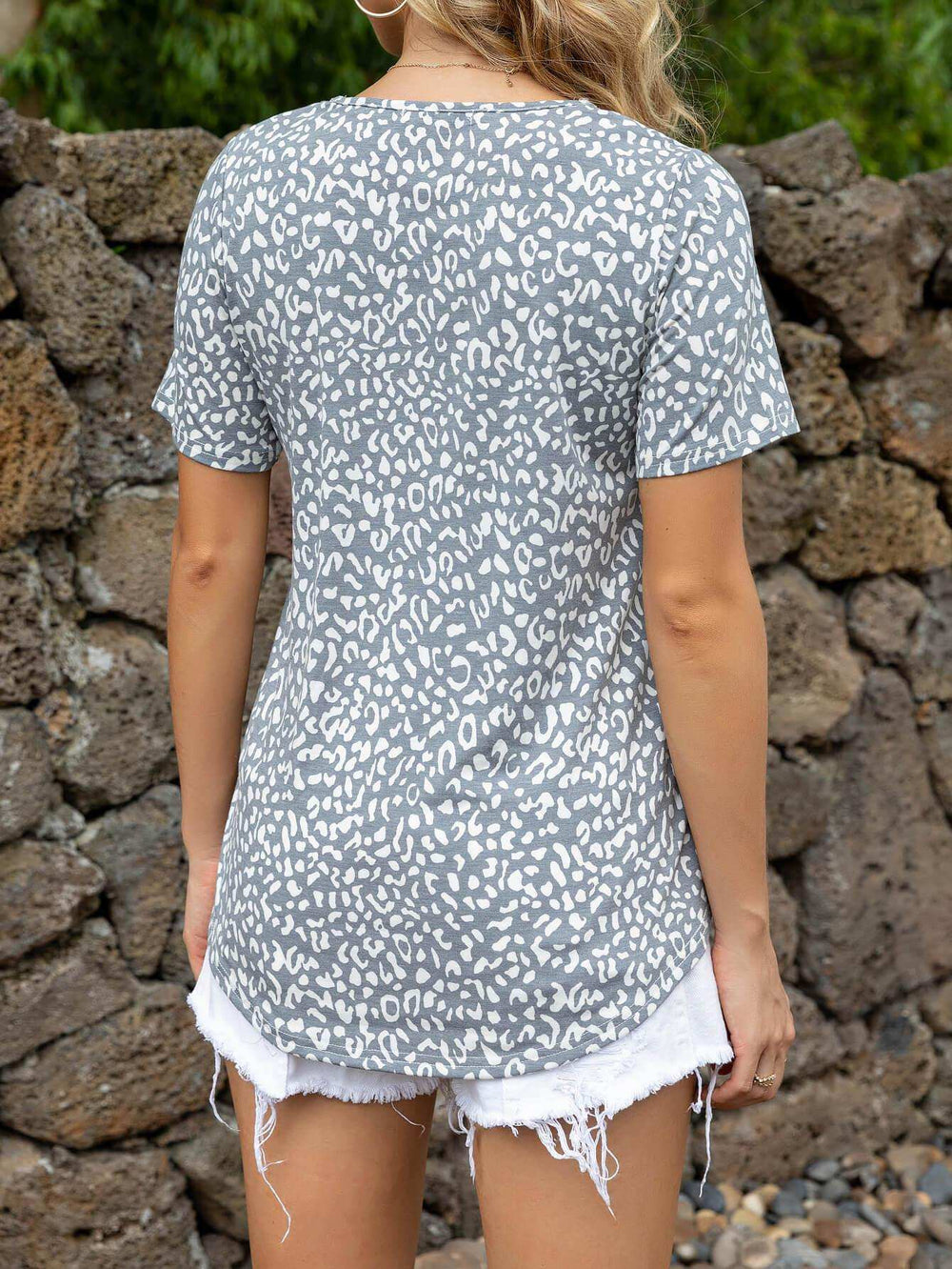 Glitter V-Neck Short Sleeve Tee Shirt - Trendsi - Flyclothing LLC