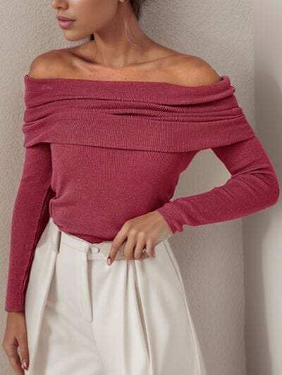 Off-Shoulder Long Sleeve Sweater - Trendsi - Flyclothing LLC