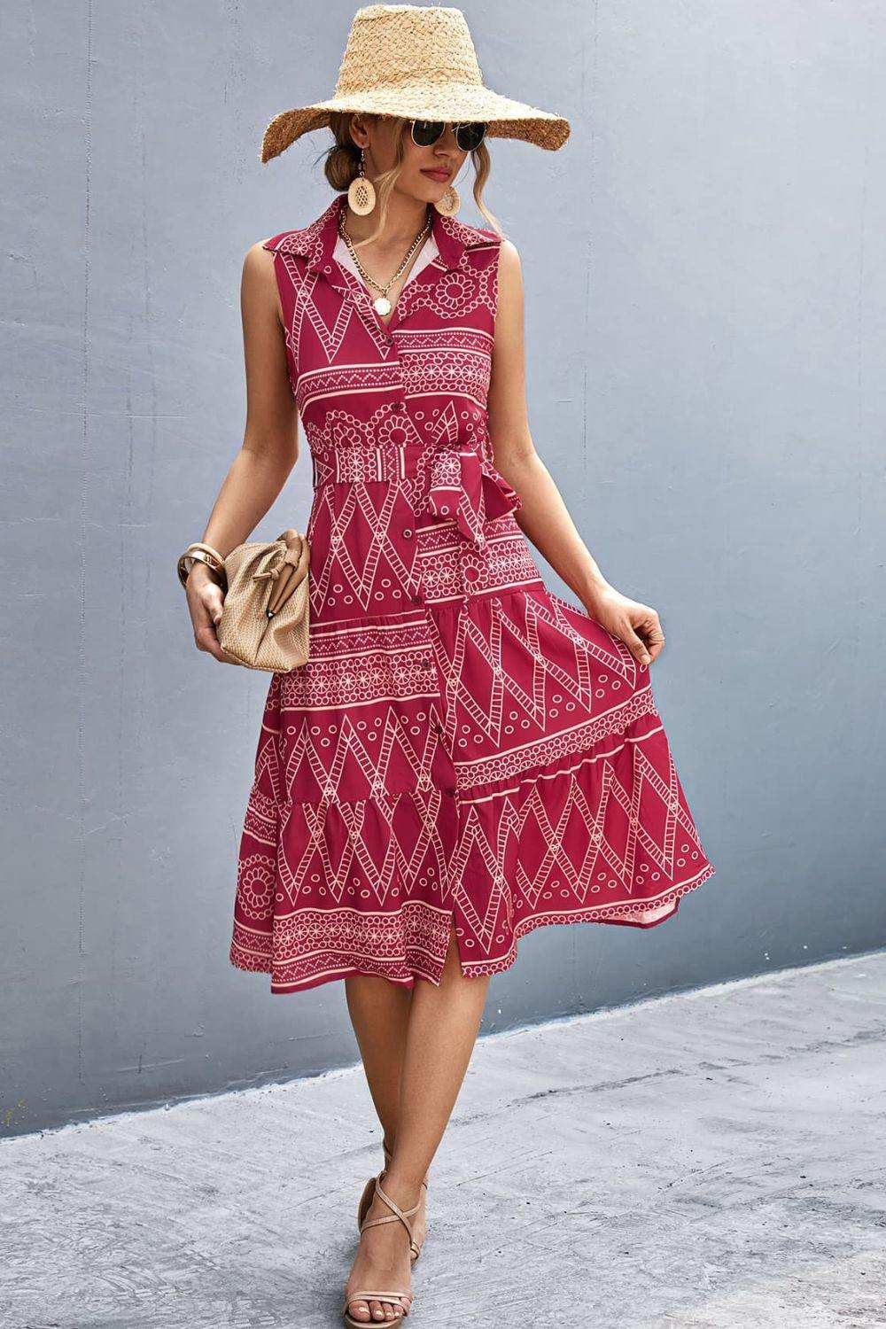 Printed Button Front Tie-Waist Sleeveless Collared Dress - Trendsi - Flyclothing LLC