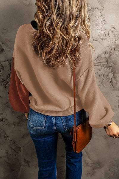 Contrast Round Neck Dropped Shoulder Sweater - Trendsi - Flyclothing LLC