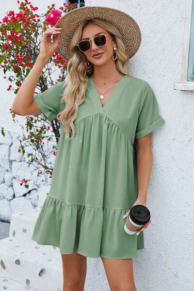 Ruched Tiered V-Neck Short Sleeve Mini Dress - Trendsi - Flyclothing LLC