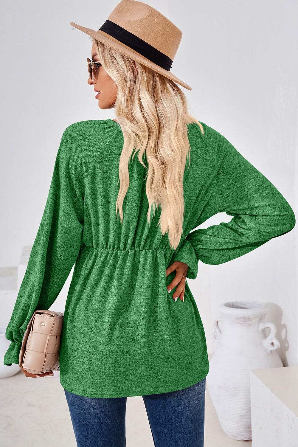 Ruched Round Neck Flounce Sleeve Blouse - Trendsi - Flyclothing LLC